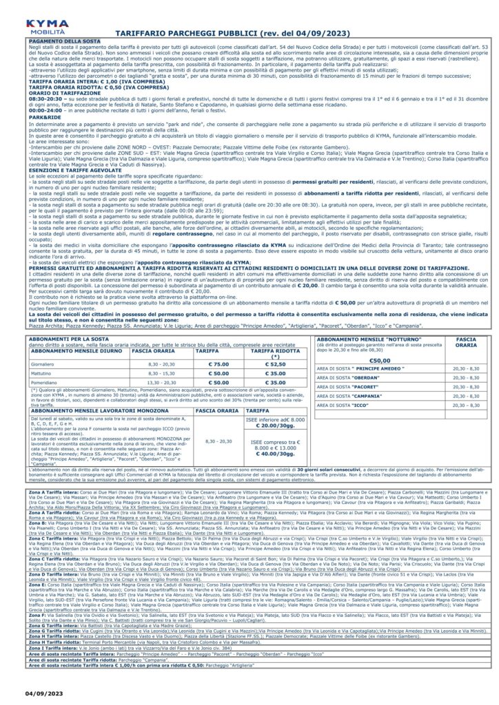 Tariffe sosta Kyma mobilità Taranto